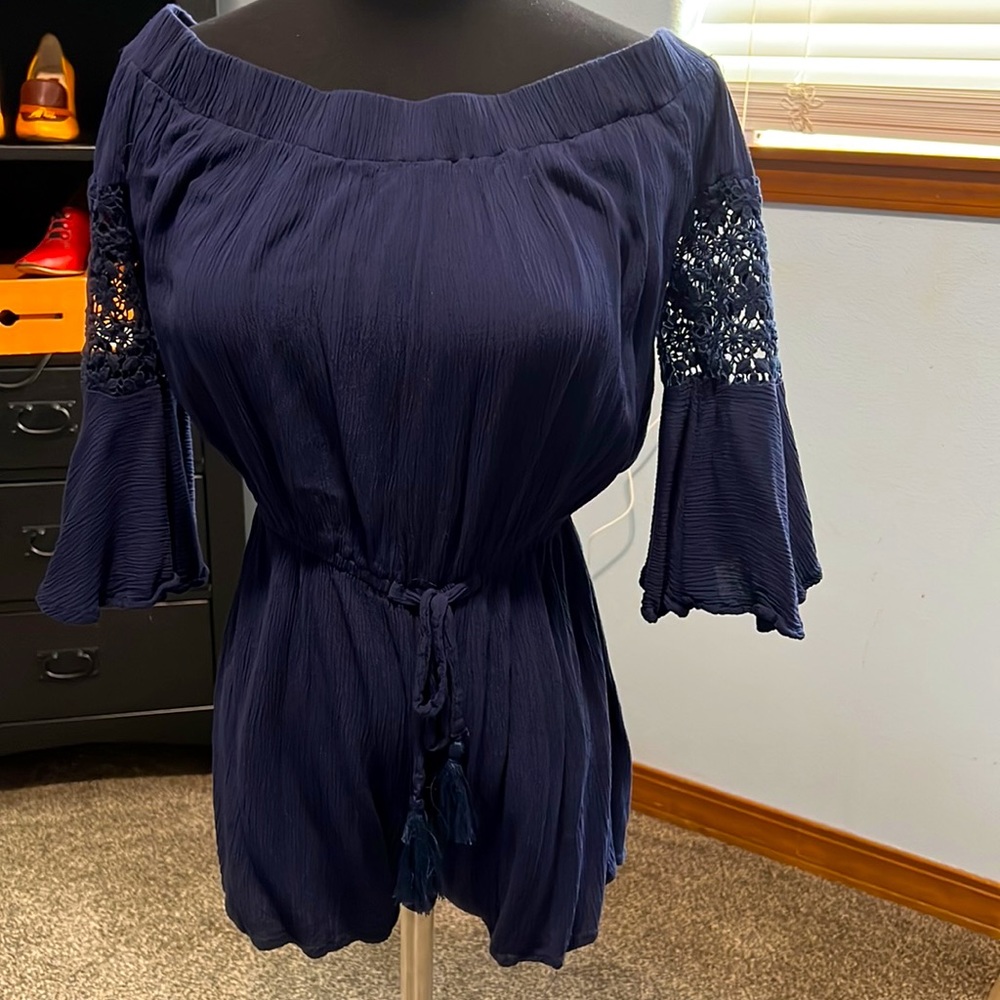 Blush off-shoulder navy blue Women’s small romper 3/4 bell sleeve shorts Lace